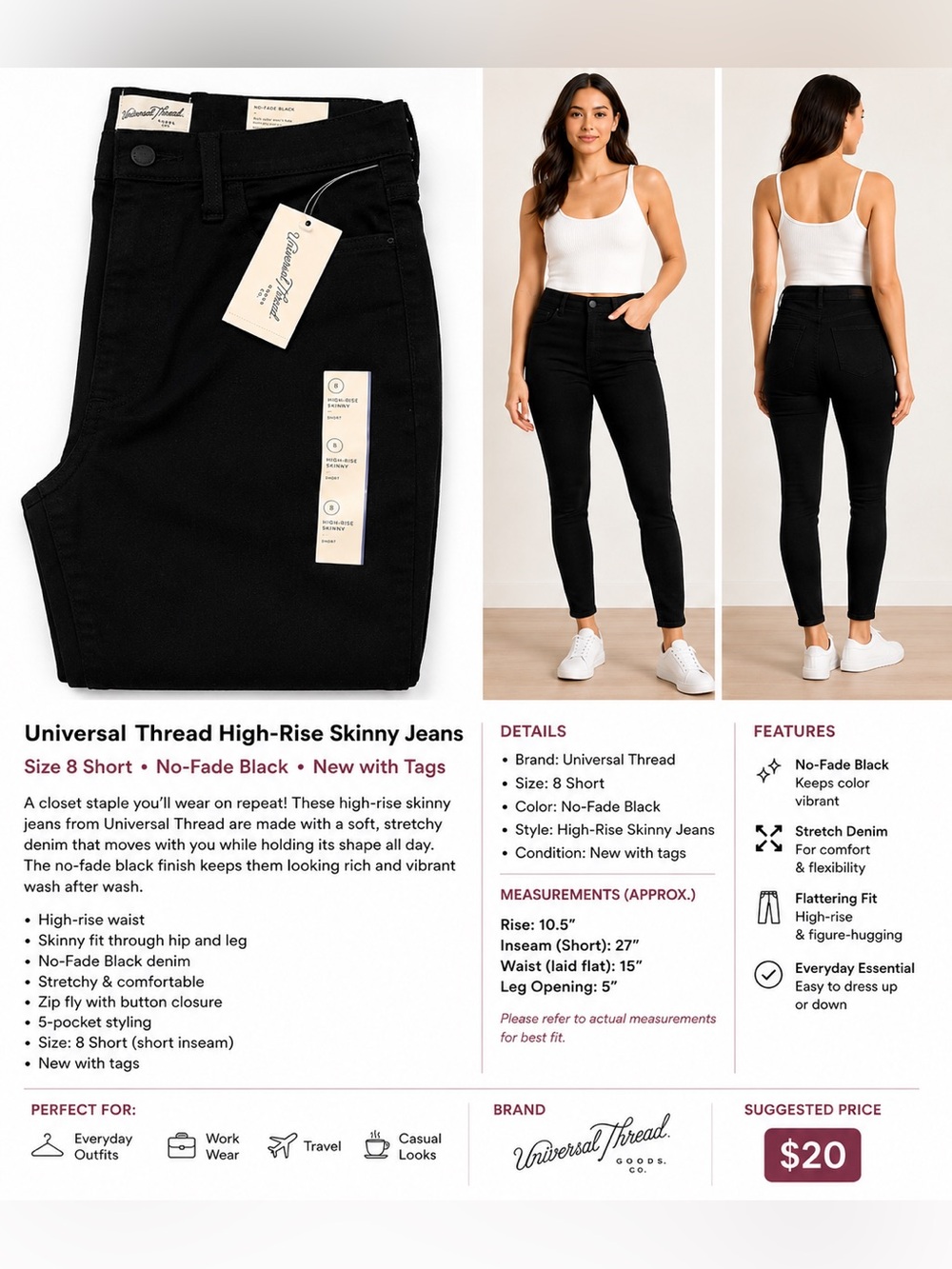 Universal Thread High-Rise Skinny Jeans Black Size 8 Short NWT No-Fade Denim